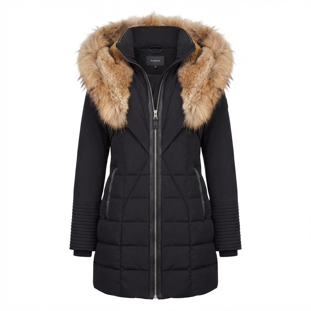 RUDSAK Black Puffer Coat with Tan Fur-Trimmed Hood